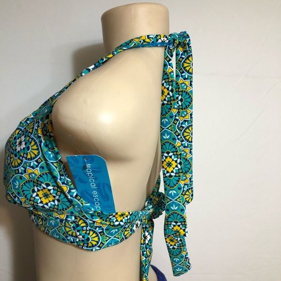 NWT Tropical Escape Swimsuit Top.Floral Print Blue Green Multicolor Yellow SZ 14 - Picture 2 of 7